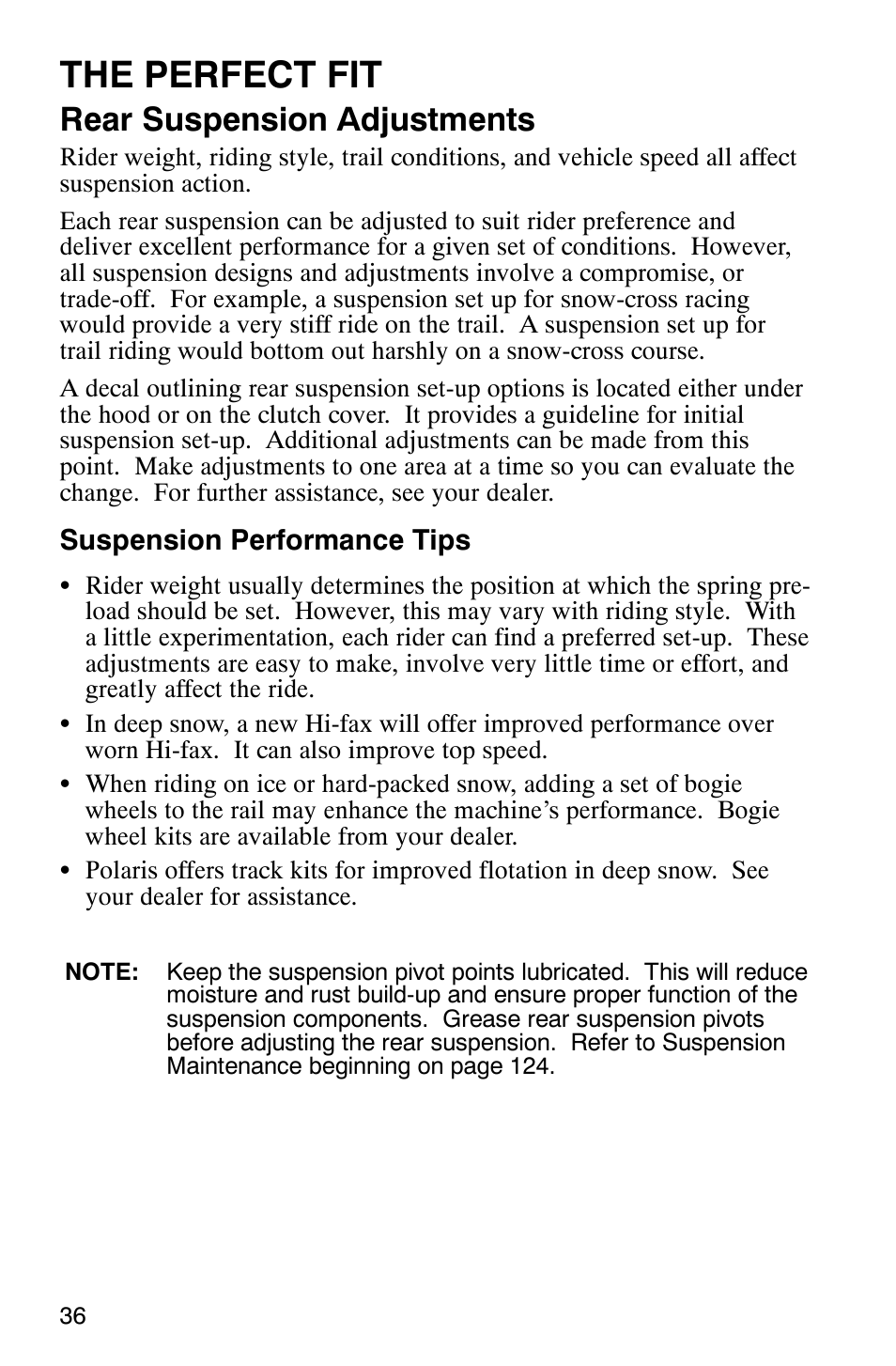 The perfect fit, Rear suspension adjustments | Polaris 9919078 User Manual | Page 39 / 150