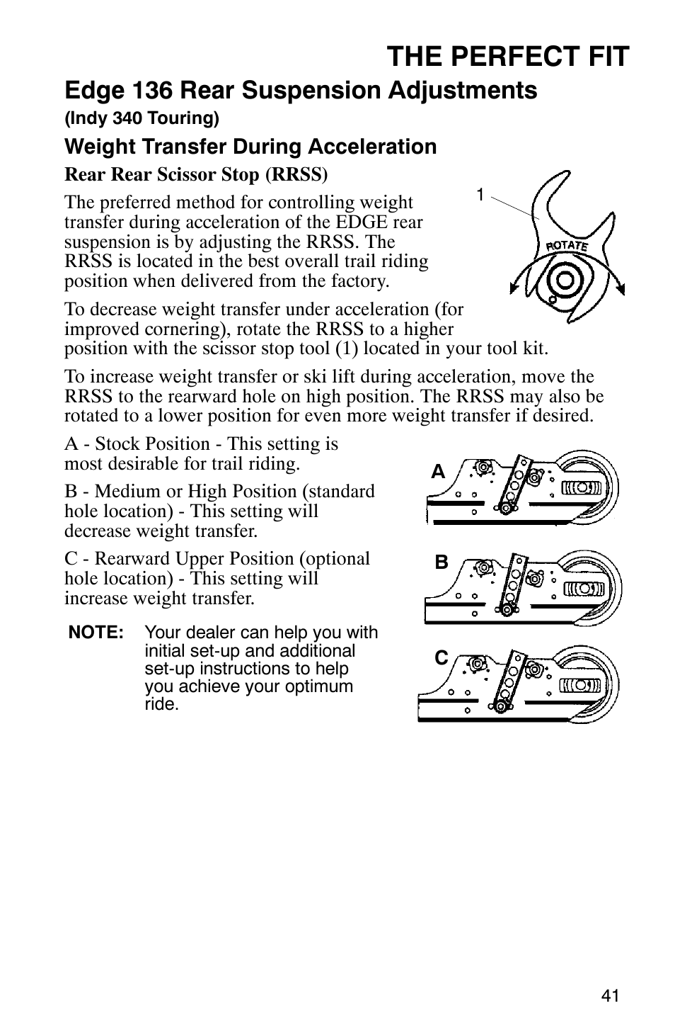 The perfect fit, Edge 136 rear suspension adjustments | Polaris 9919078 User Manual | Page 44 / 150