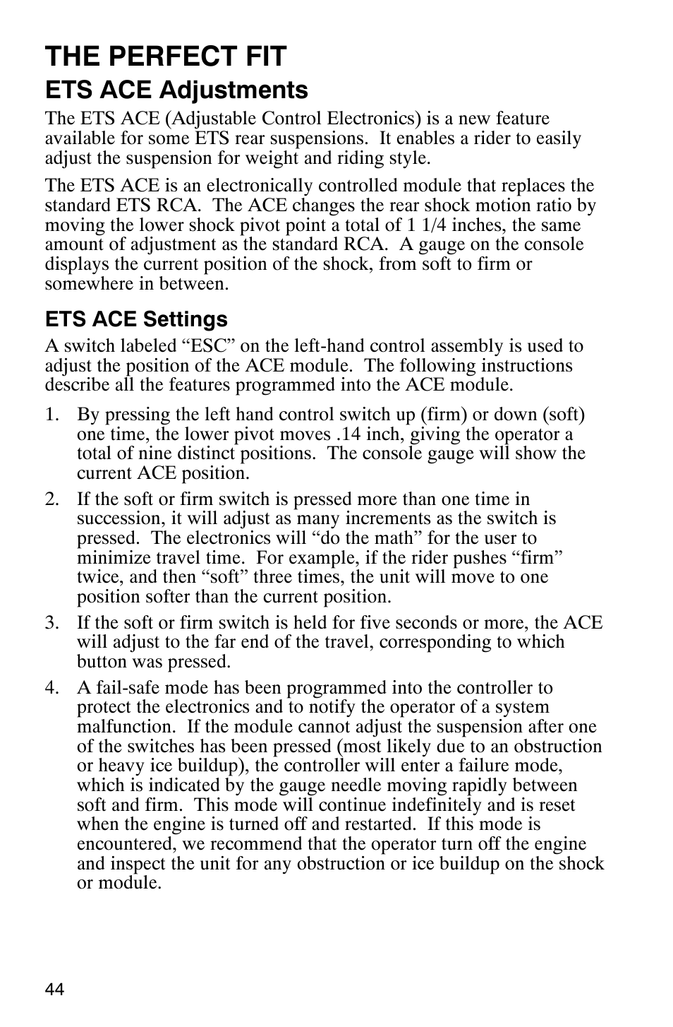 The perfect fit, Ets ace adjustments | Polaris 9919078 User Manual | Page 47 / 150