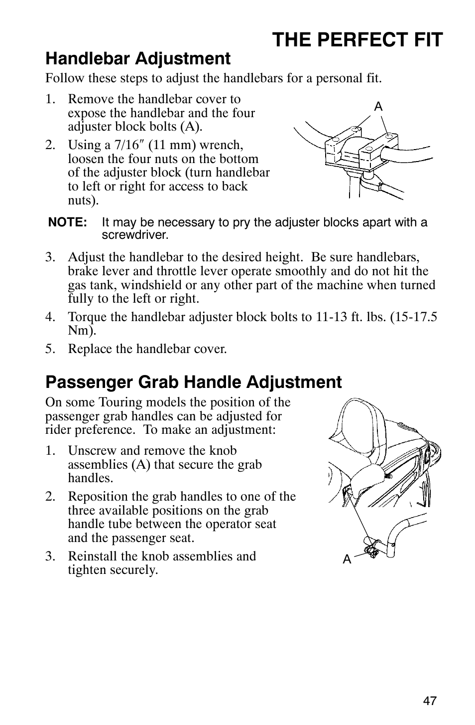 The perfect fit, Handlebar adjustment, Passenger grab handle adjustment | Polaris 9919078 User Manual | Page 50 / 150