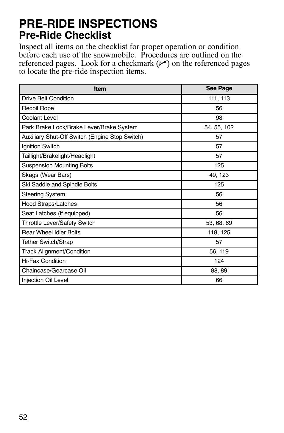Pre-ride inspections, Pre-ride checklist | Polaris 9919078 User Manual | Page 55 / 150
