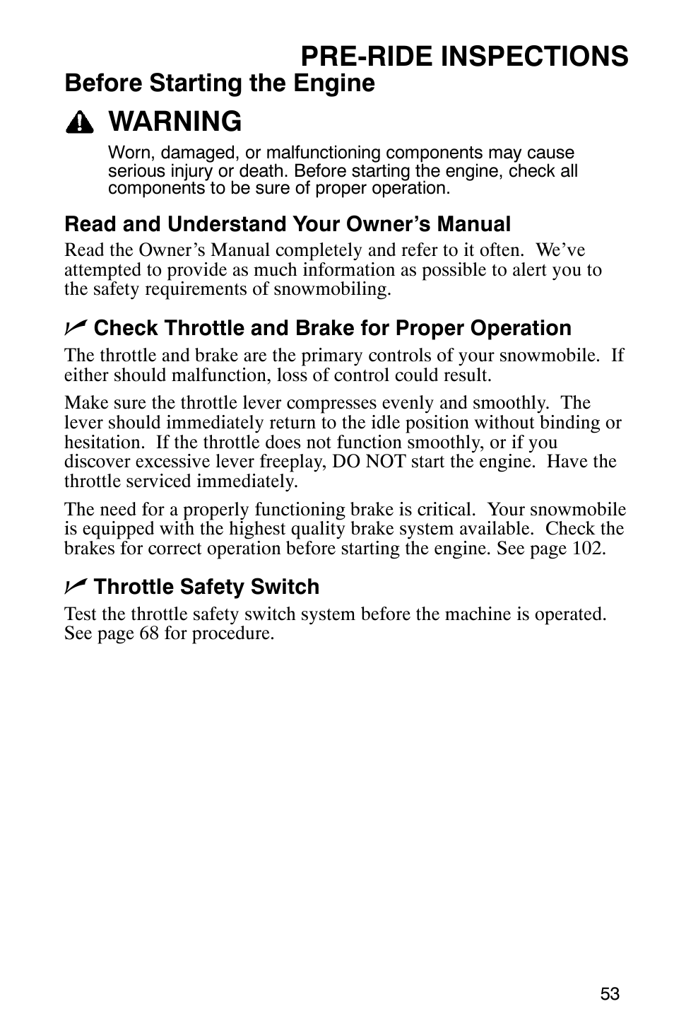 Pre-ride inspections, Warning, Before starting the engine | Polaris 9919078 User Manual | Page 56 / 150