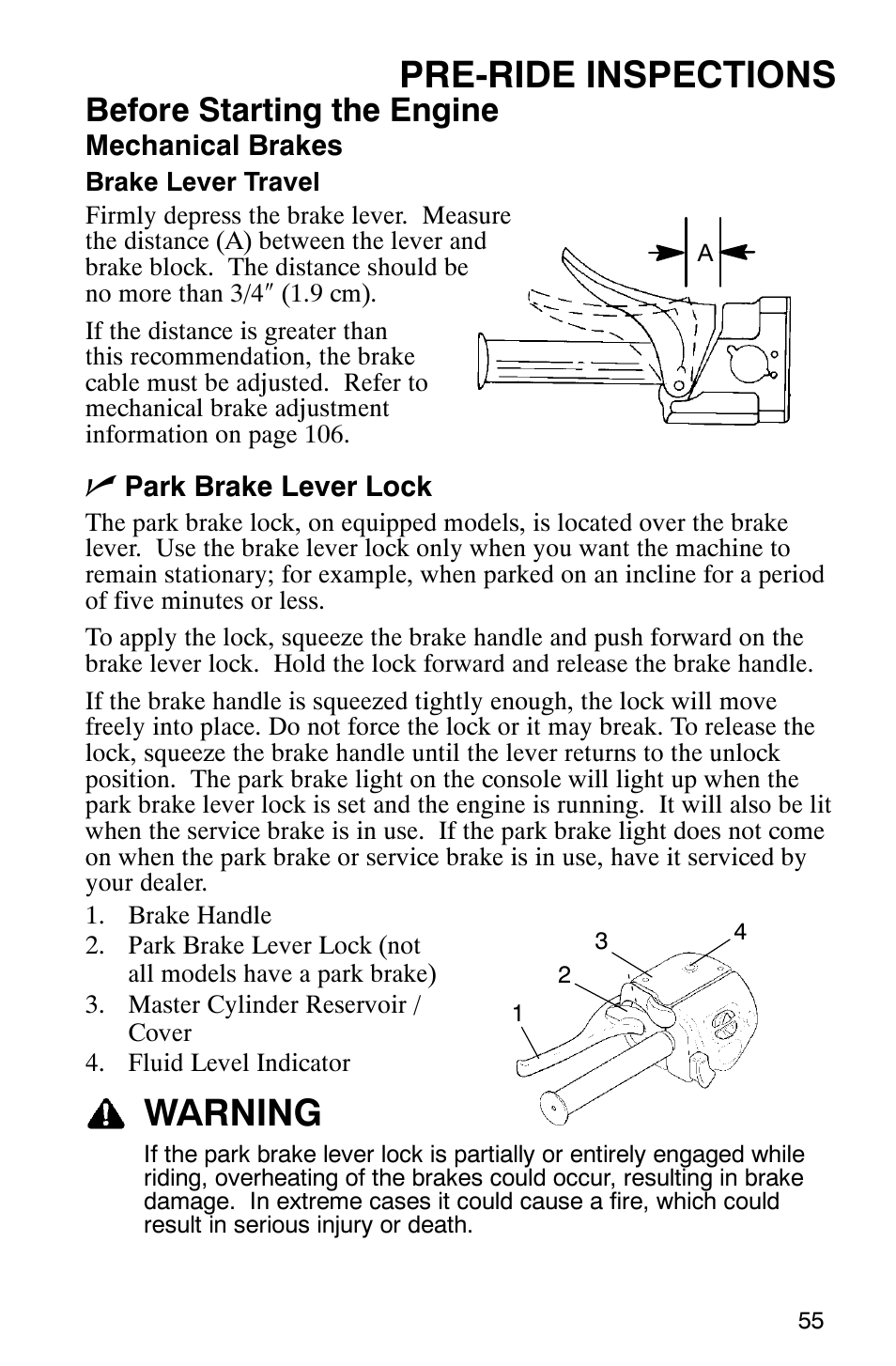 Pre-ride inspections, Warning, Before starting the engine | Polaris 9919078 User Manual | Page 58 / 150