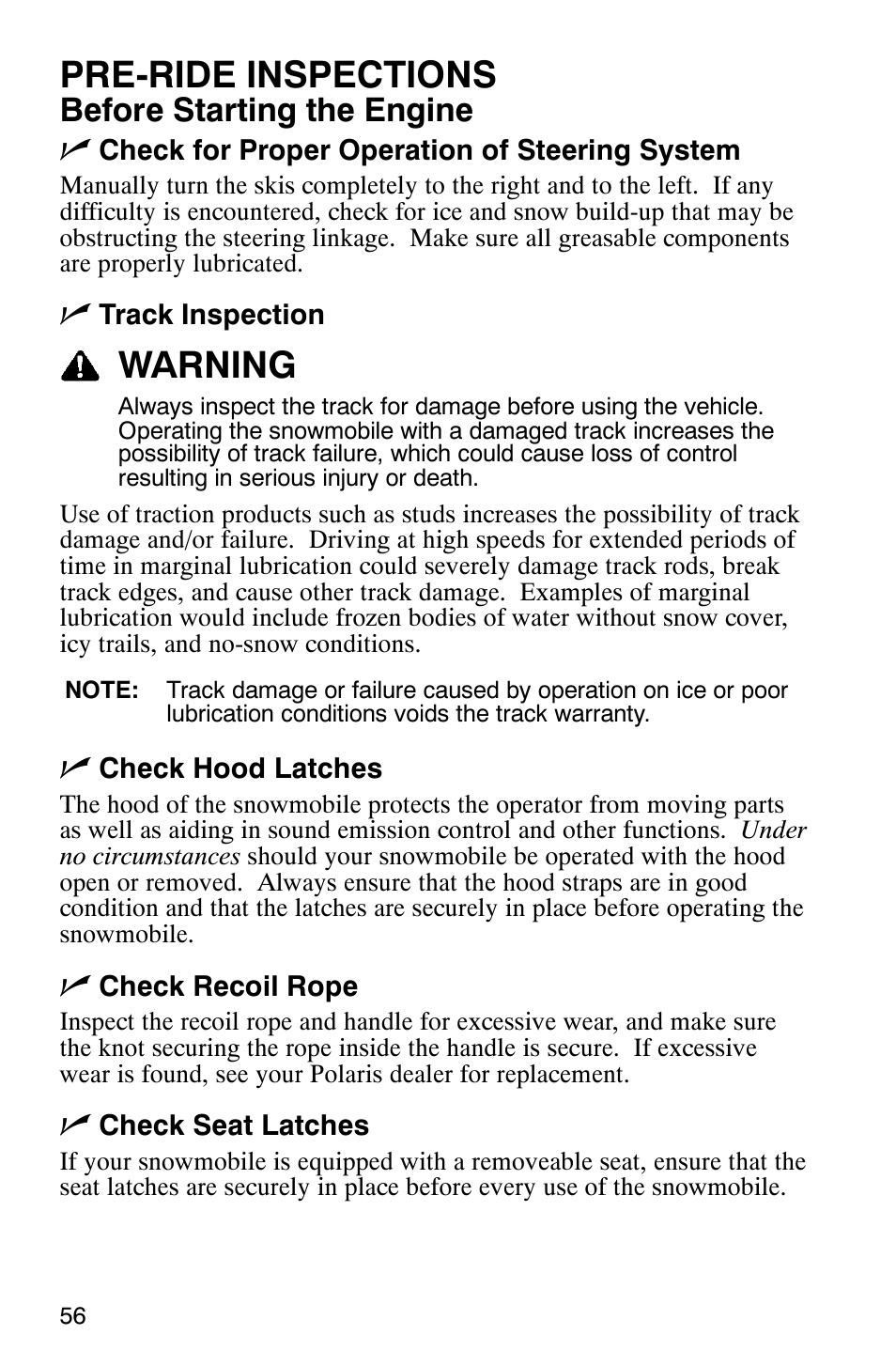 Pre-ride inspections, Warning, Before starting the engine n | Polaris 9919078 User Manual | Page 59 / 150