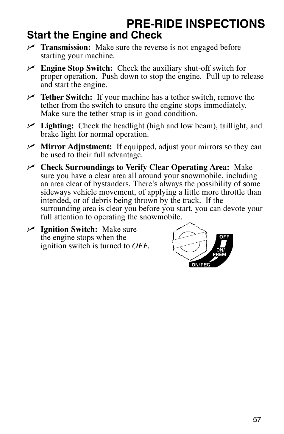 Pre-ride inspections, Start the engine and check | Polaris 9919078 User Manual | Page 60 / 150