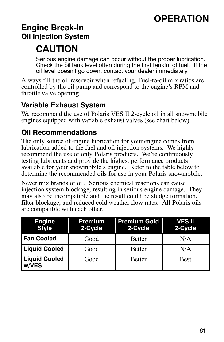 Operation, Caution, Engine break-in | Polaris 9919078 User Manual | Page 64 / 150