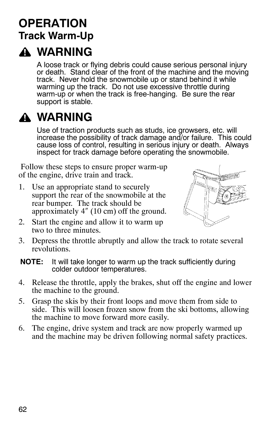 Operation, Warning, Track warm-up | Polaris 9919078 User Manual | Page 65 / 150