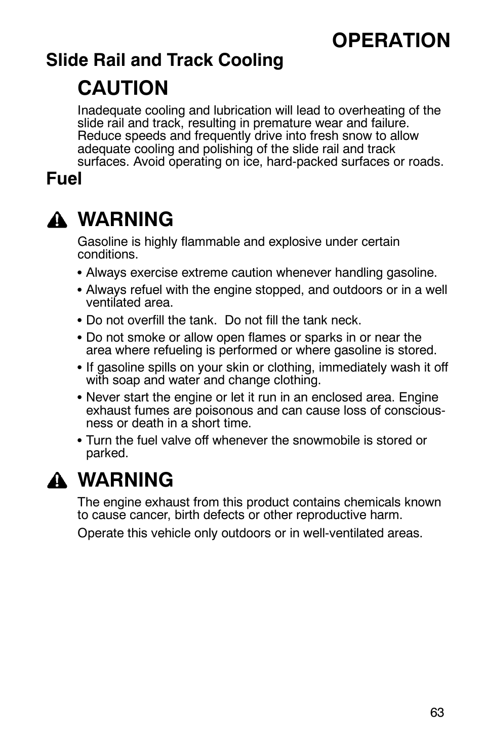 Operation, Caution, Warning | Slide rail and track cooling, Fuel | Polaris 9919078 User Manual | Page 66 / 150