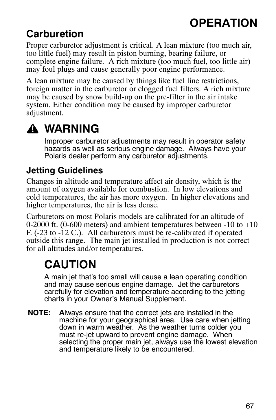 Operation, Warning, Caution | Carburetion | Polaris 9919078 User Manual | Page 70 / 150