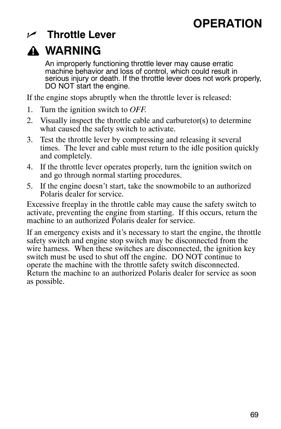 Operation, Warning, Nthrottle lever | Polaris 9919078 User Manual | Page 72 / 150