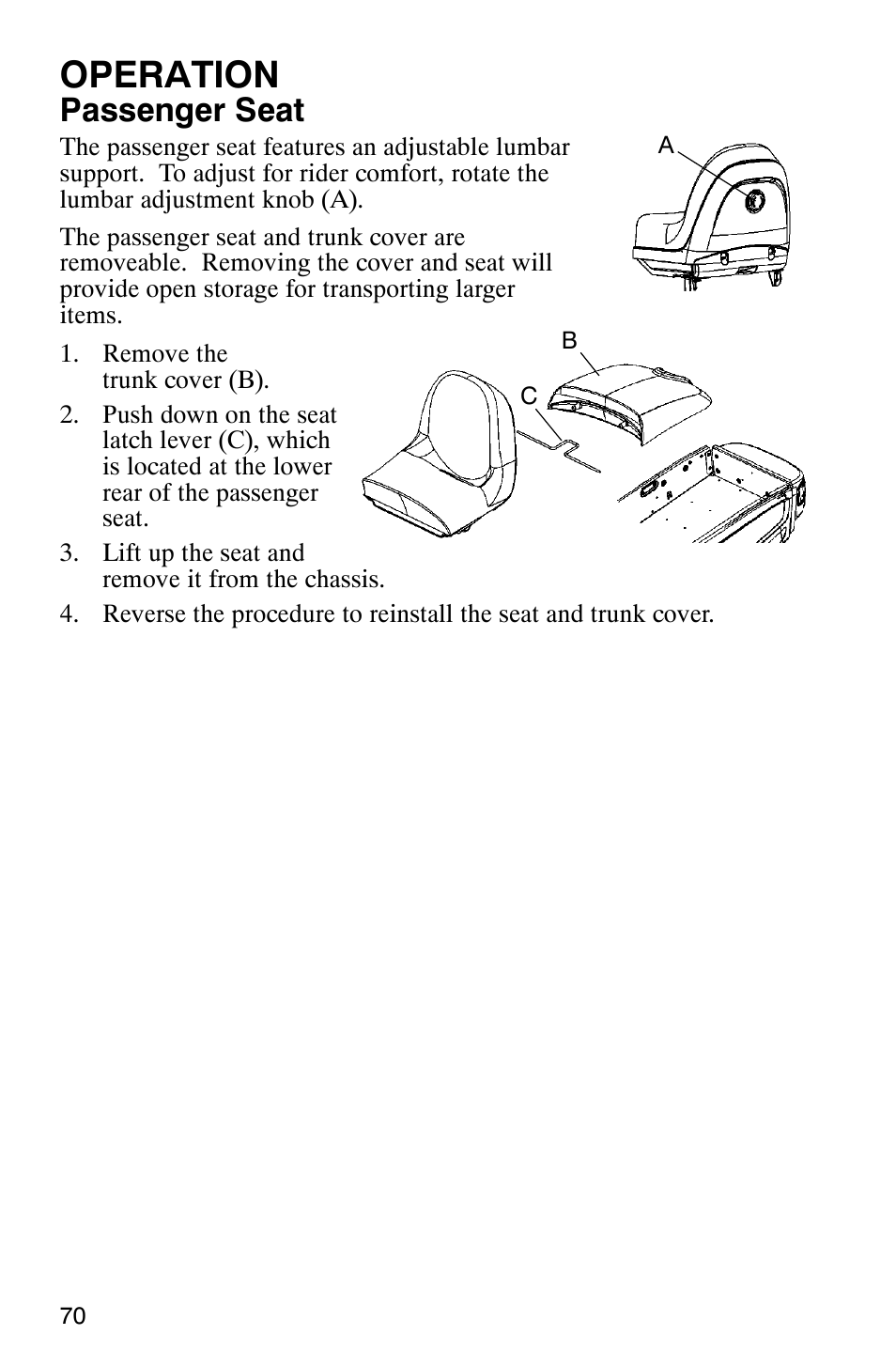 Operation, Passenger seat | Polaris 9919078 User Manual | Page 73 / 150