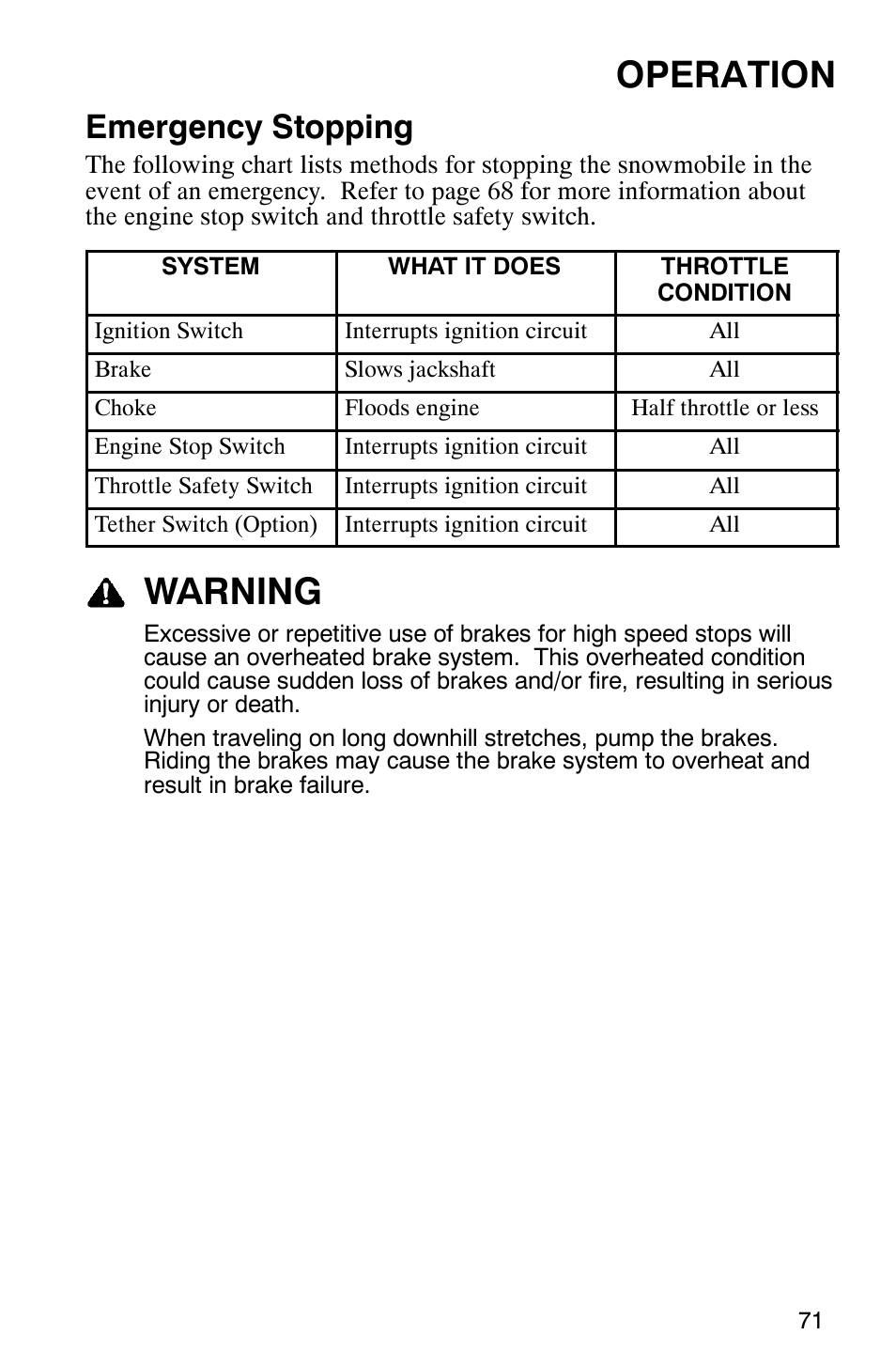 Operation, Warning, Emergency stopping | Polaris 9919078 User Manual | Page 74 / 150