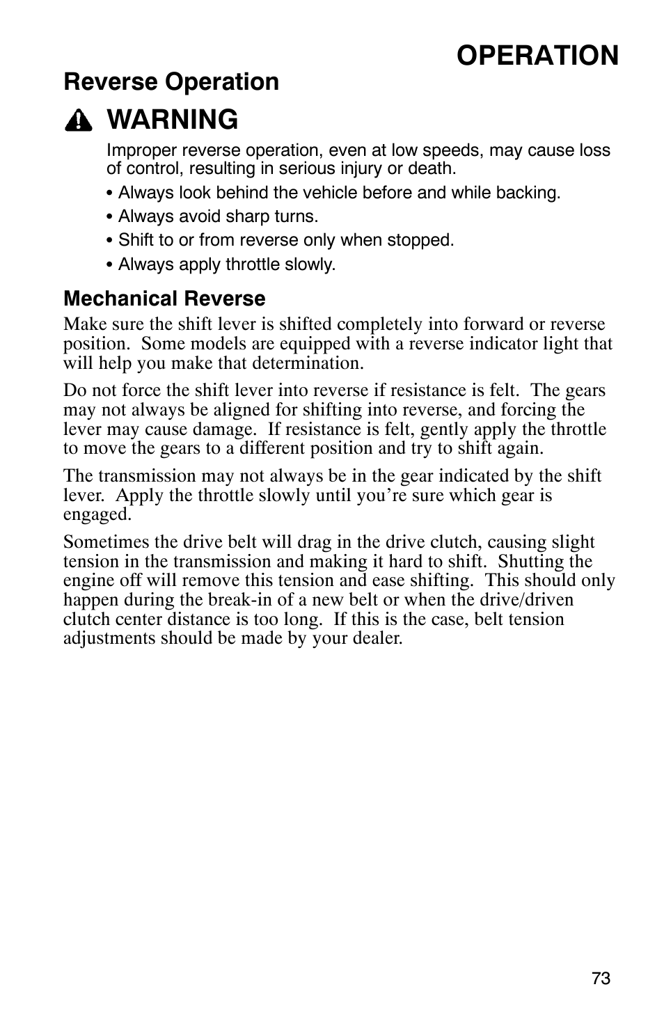 Operation, Warning, Reverse operation | Polaris 9919078 User Manual | Page 76 / 150