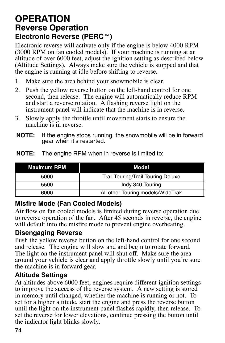 Operation, Reverse operation, Electronic reverse (perc t ) | Polaris 9919078 User Manual | Page 77 / 150