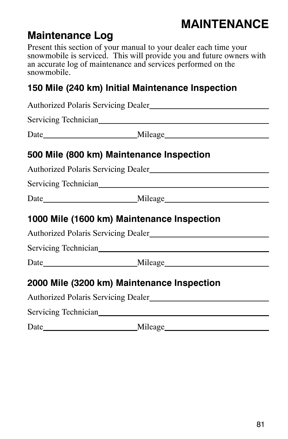 Maintenance, Maintenance log | Polaris 9919078 User Manual | Page 84 / 150