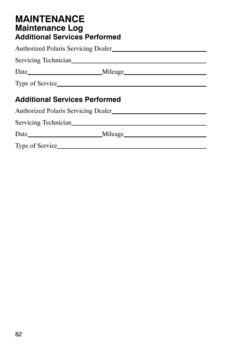 Maintenance, Maintenance log | Polaris 9919078 User Manual | Page 85 / 150