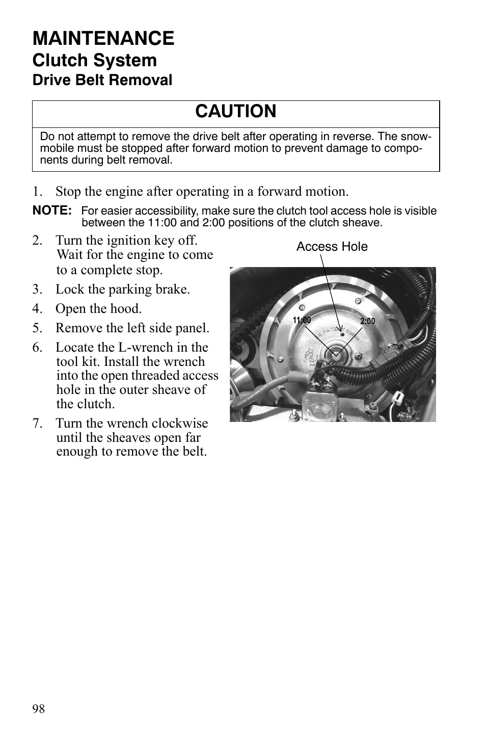 Maintenance, Clutch system, Caution | Drive belt removal | Polaris 600 HO RMK 155 User Manual | Page 101 / 135