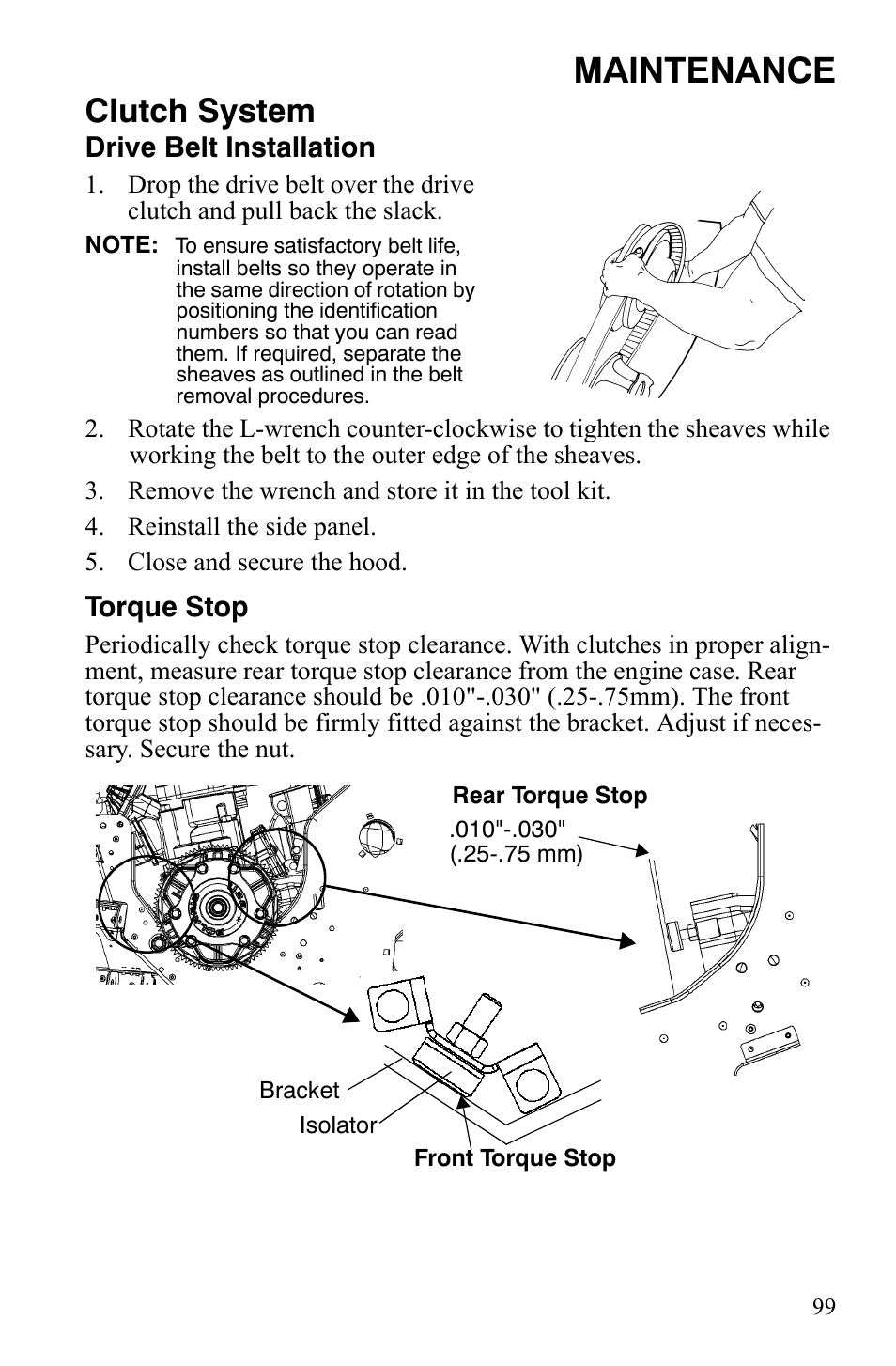 Maintenance, Clutch system, Drive belt installation | Torque stop | Polaris 600 HO RMK 155 User Manual | Page 102 / 135