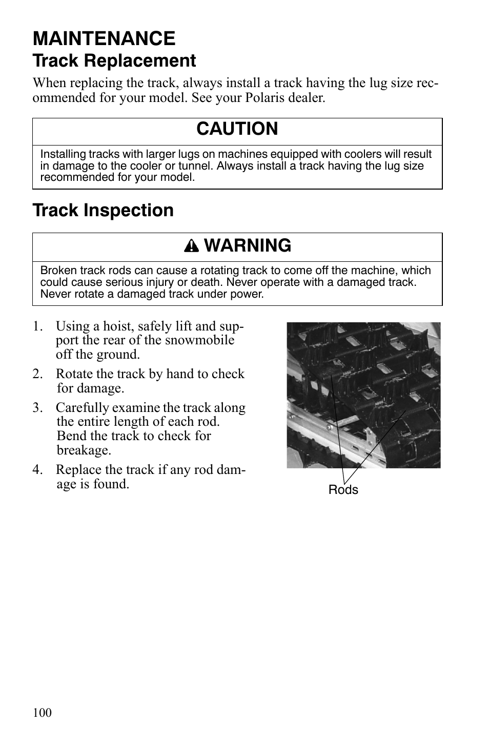 Maintenance, Track replacement, Track inspection | Caution, Warning | Polaris 600 HO RMK 155 User Manual | Page 103 / 135