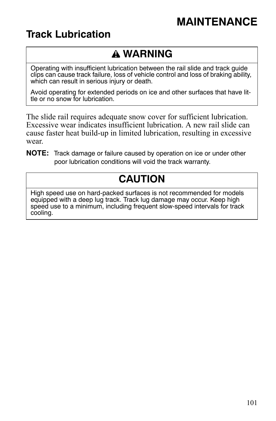 Maintenance, Track lubrication, Warning | Caution | Polaris 600 HO RMK 155 User Manual | Page 104 / 135