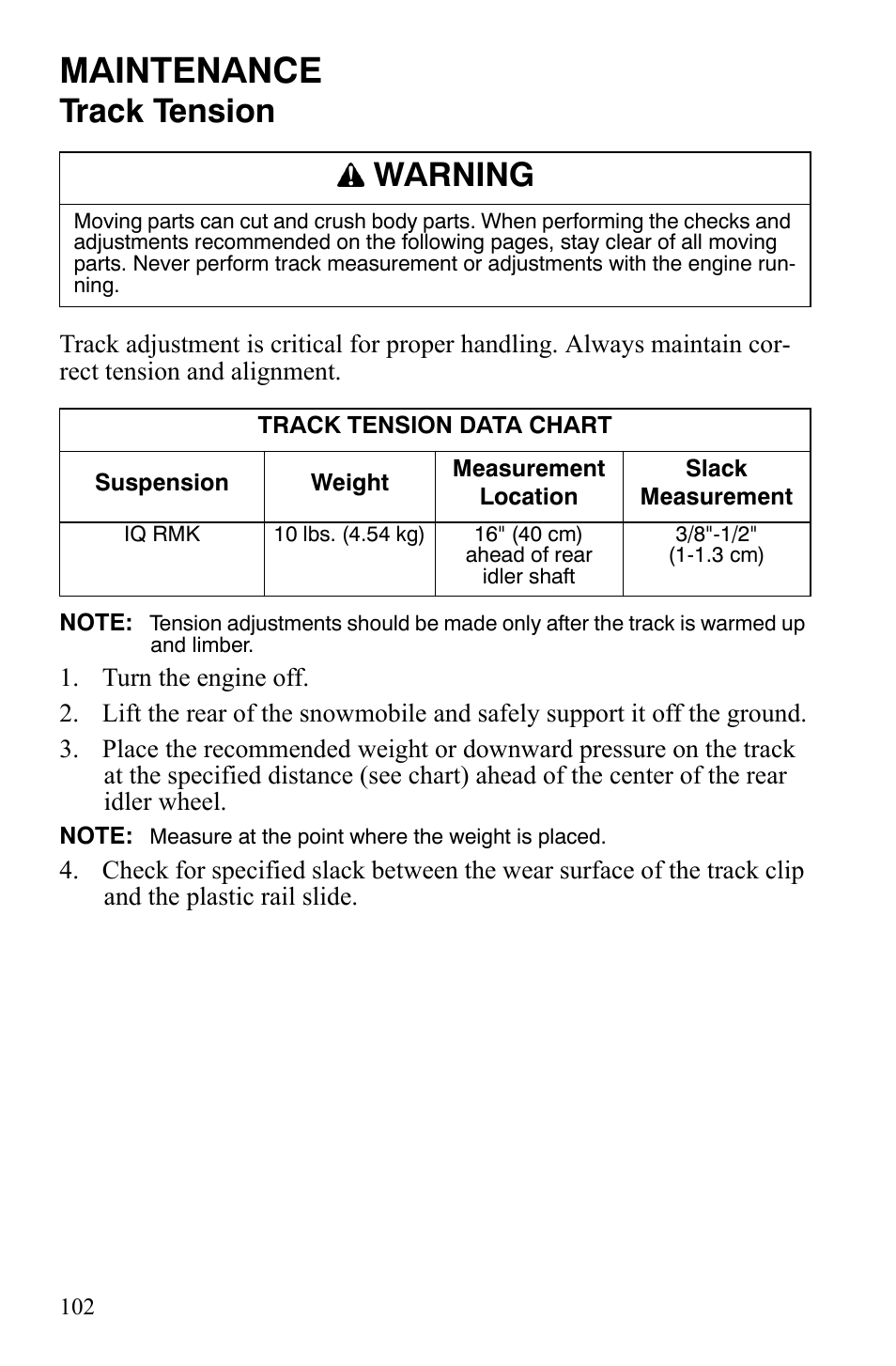 Maintenance, Track tension, Warning | Polaris 600 HO RMK 155 User Manual | Page 105 / 135