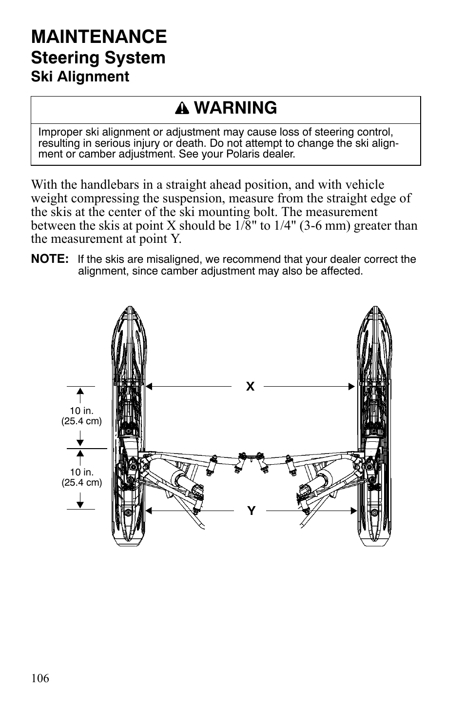 Maintenance, Steering system, Warning | Ski alignment | Polaris 600 HO RMK 155 User Manual | Page 109 / 135