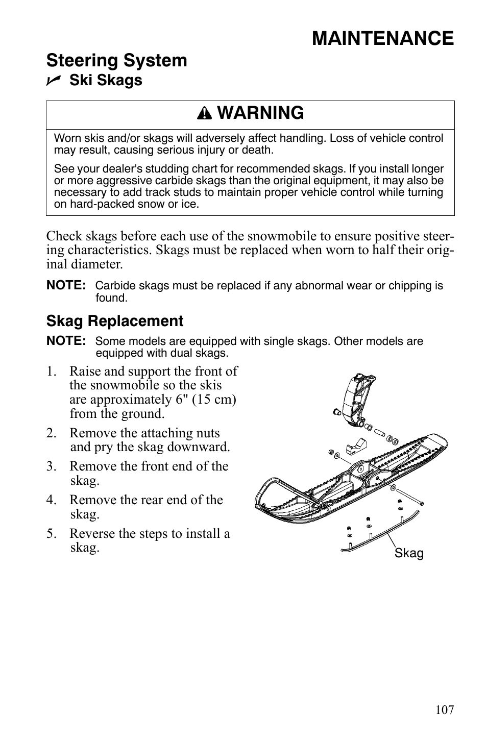 Maintenance, Steering system, Warning | Nski skags, Skag replacement | Polaris 600 HO RMK 155 User Manual | Page 110 / 135