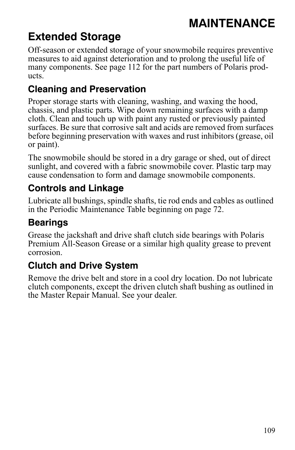 Maintenance, Extended storage | Polaris 600 HO RMK 155 User Manual | Page 112 / 135