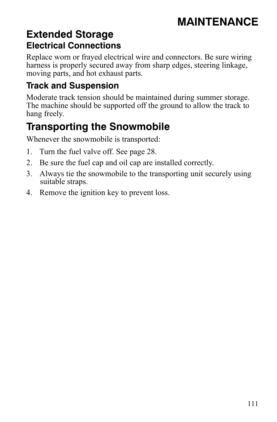 Maintenance, Extended storage, Transporting the snowmobile | Polaris 600 HO RMK 155 User Manual | Page 114 / 135