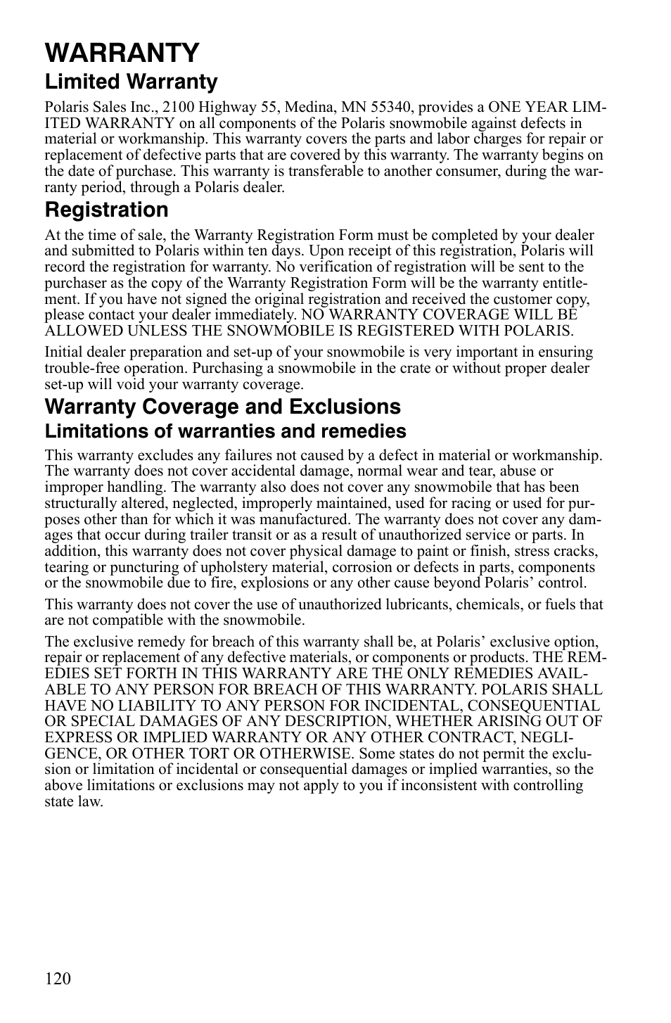 Warranty, Limited warranty, Registration | Warranty coverage and exclusions, Limitations of warranties and remedies | Polaris 600 HO RMK 155 User Manual | Page 123 / 135