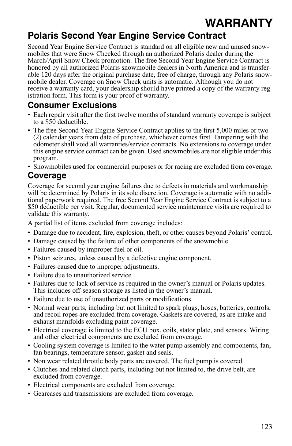 Warranty, Polaris second year engine service contract, Consumer exclusions | Coverage | Polaris 600 HO RMK 155 User Manual | Page 126 / 135