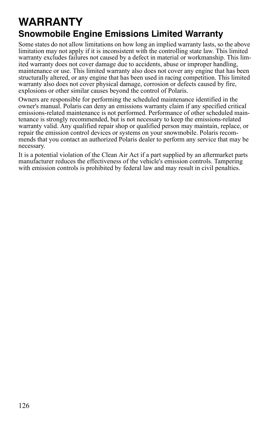 Warranty, Snowmobile engine emissions limited warranty | Polaris 600 HO RMK 155 User Manual | Page 129 / 135