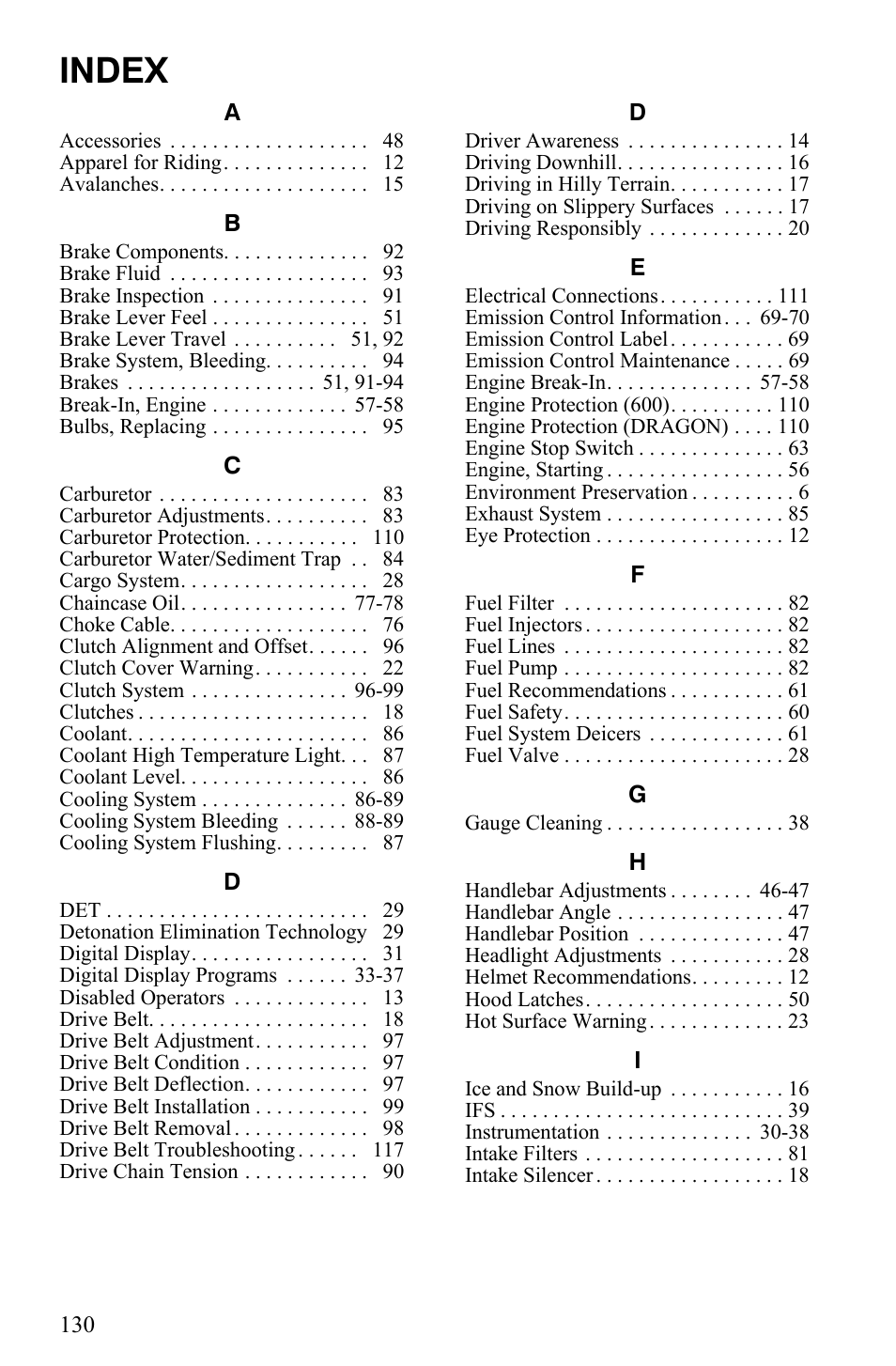 Index | Polaris 600 HO RMK 155 User Manual | Page 133 / 135