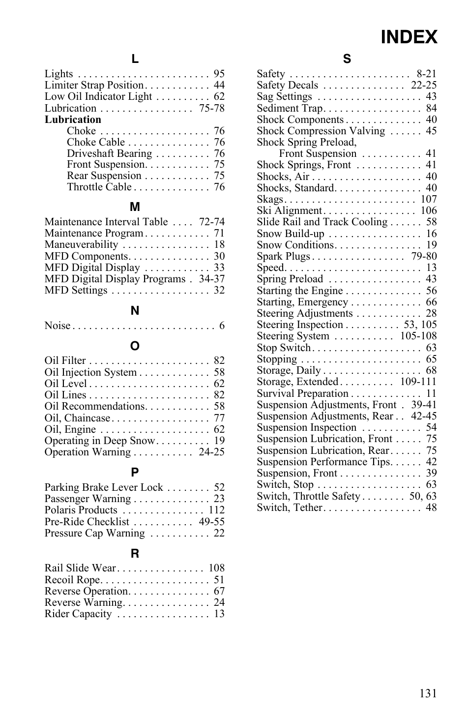 Index | Polaris 600 HO RMK 155 User Manual | Page 134 / 135