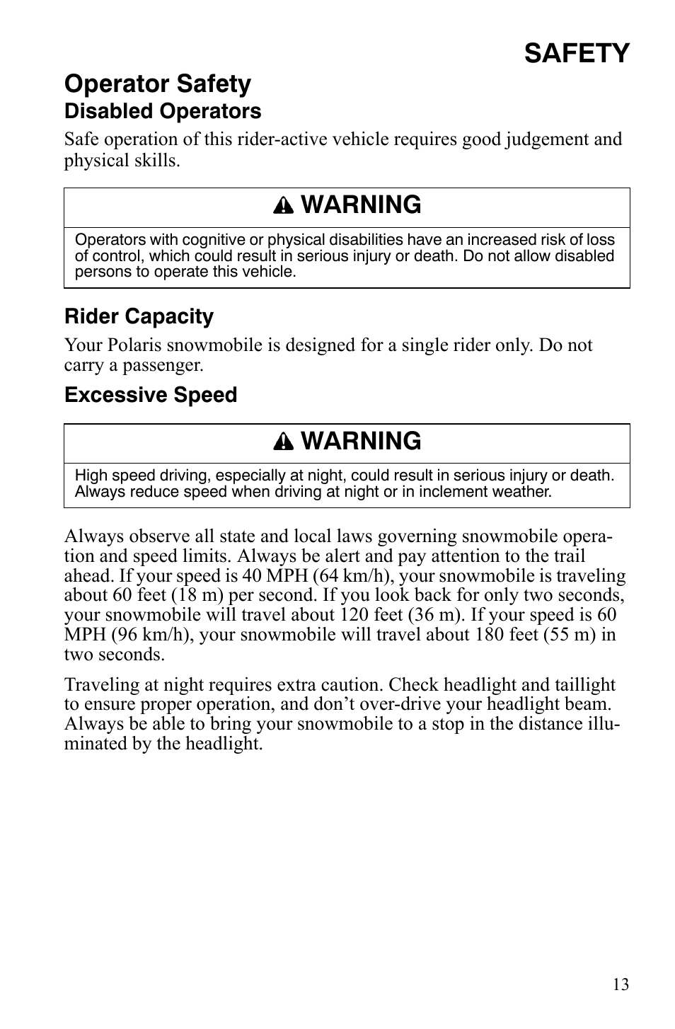 Safety, Operator safety, Warning | Polaris 600 HO RMK 155 User Manual | Page 16 / 135