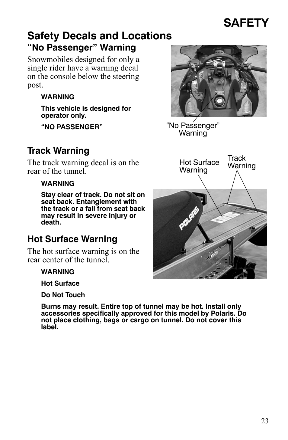 Safety, Safety decals and locations, No passenger” warning | Track warning, Hot surface warning | Polaris 600 HO RMK 155 User Manual | Page 26 / 135