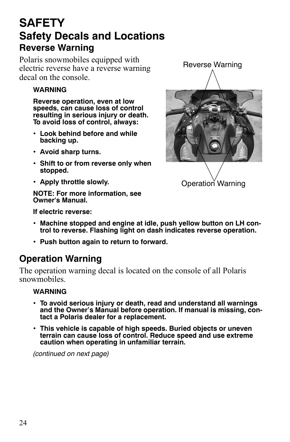 Safety, Safety decals and locations, Reverse warning | Operation warning | Polaris 600 HO RMK 155 User Manual | Page 27 / 135