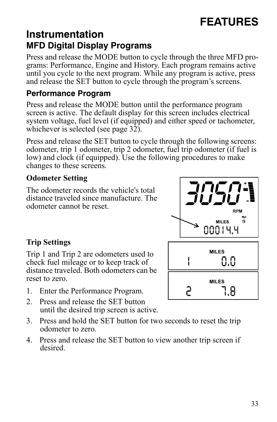 Features, Instrumentation | Polaris 600 HO RMK 155 User Manual | Page 36 / 135