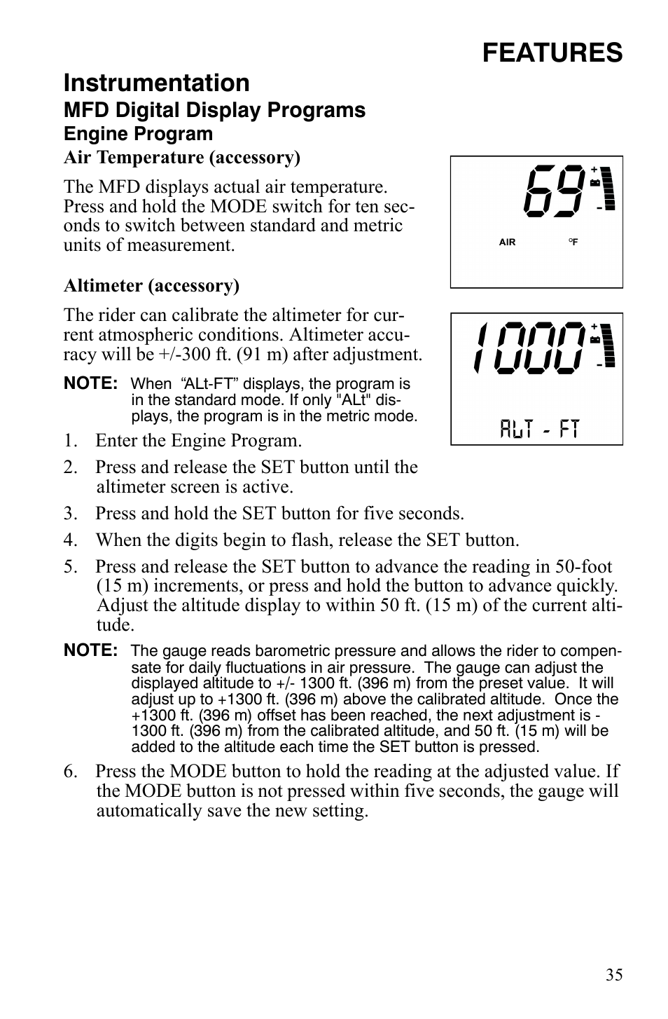 Features, Instrumentation, Mfd digital display programs | Polaris 600 HO RMK 155 User Manual | Page 38 / 135