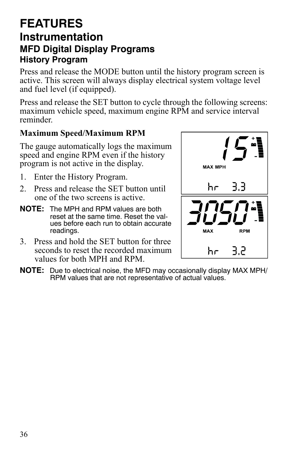 Features, Instrumentation, Mfd digital display programs | Polaris 600 HO RMK 155 User Manual | Page 39 / 135