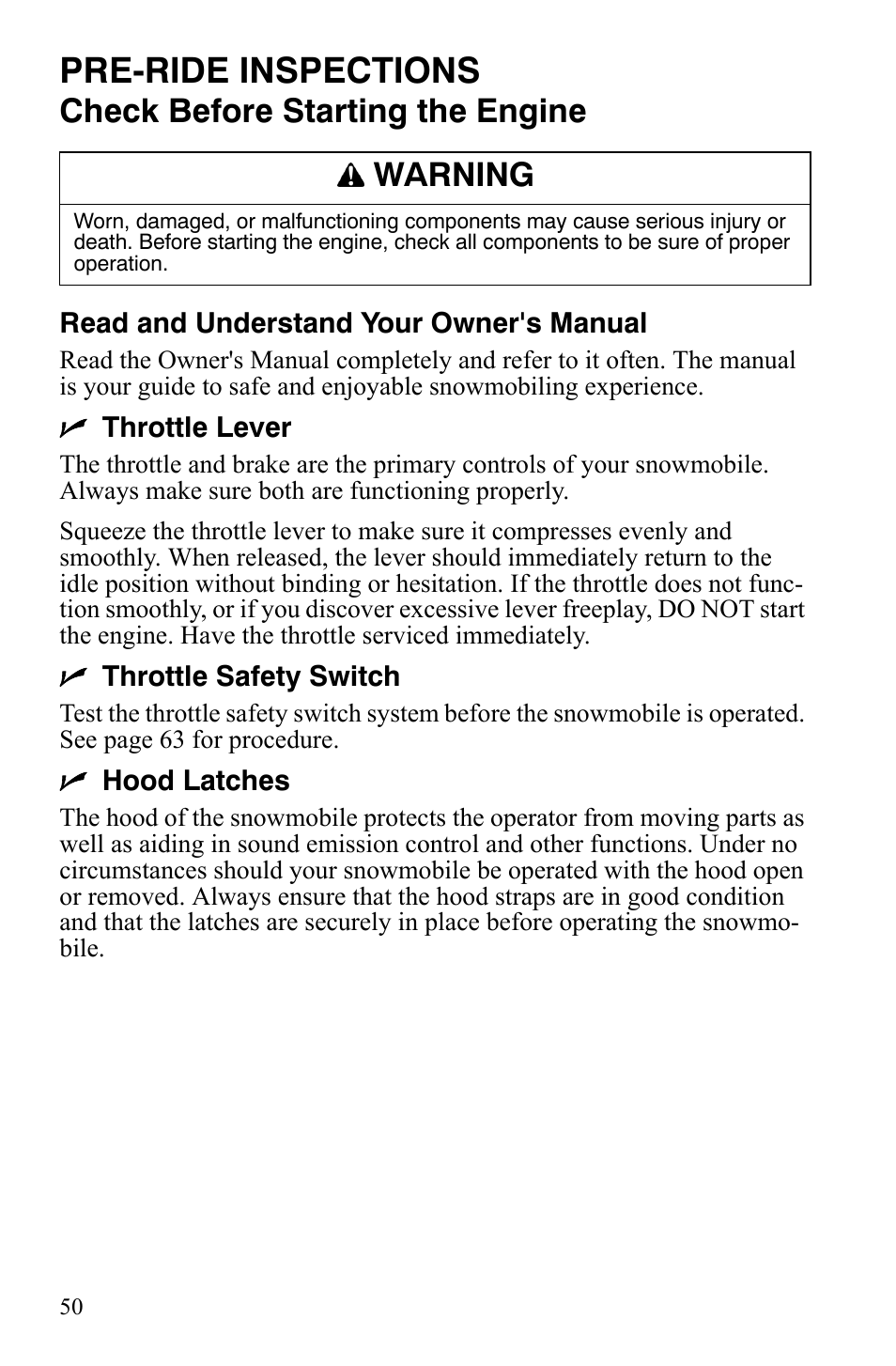 Pre-ride inspections, Check before starting the engine, Warning | Polaris 600 HO RMK 155 User Manual | Page 53 / 135