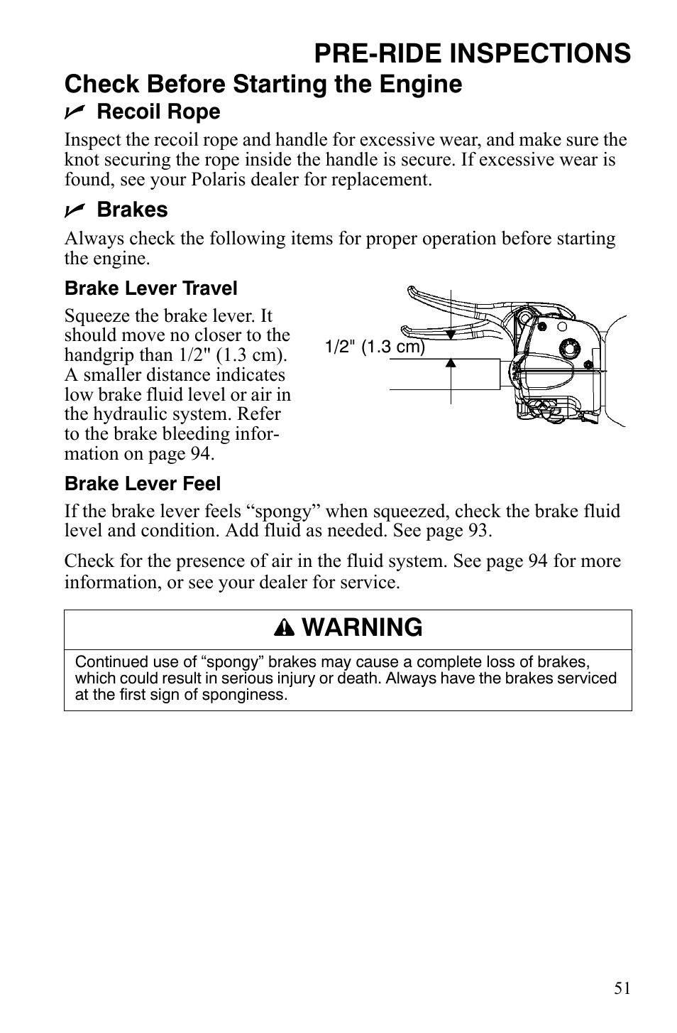 Pre-ride inspections, Check before starting the engine, Warning | Polaris 600 HO RMK 155 User Manual | Page 54 / 135