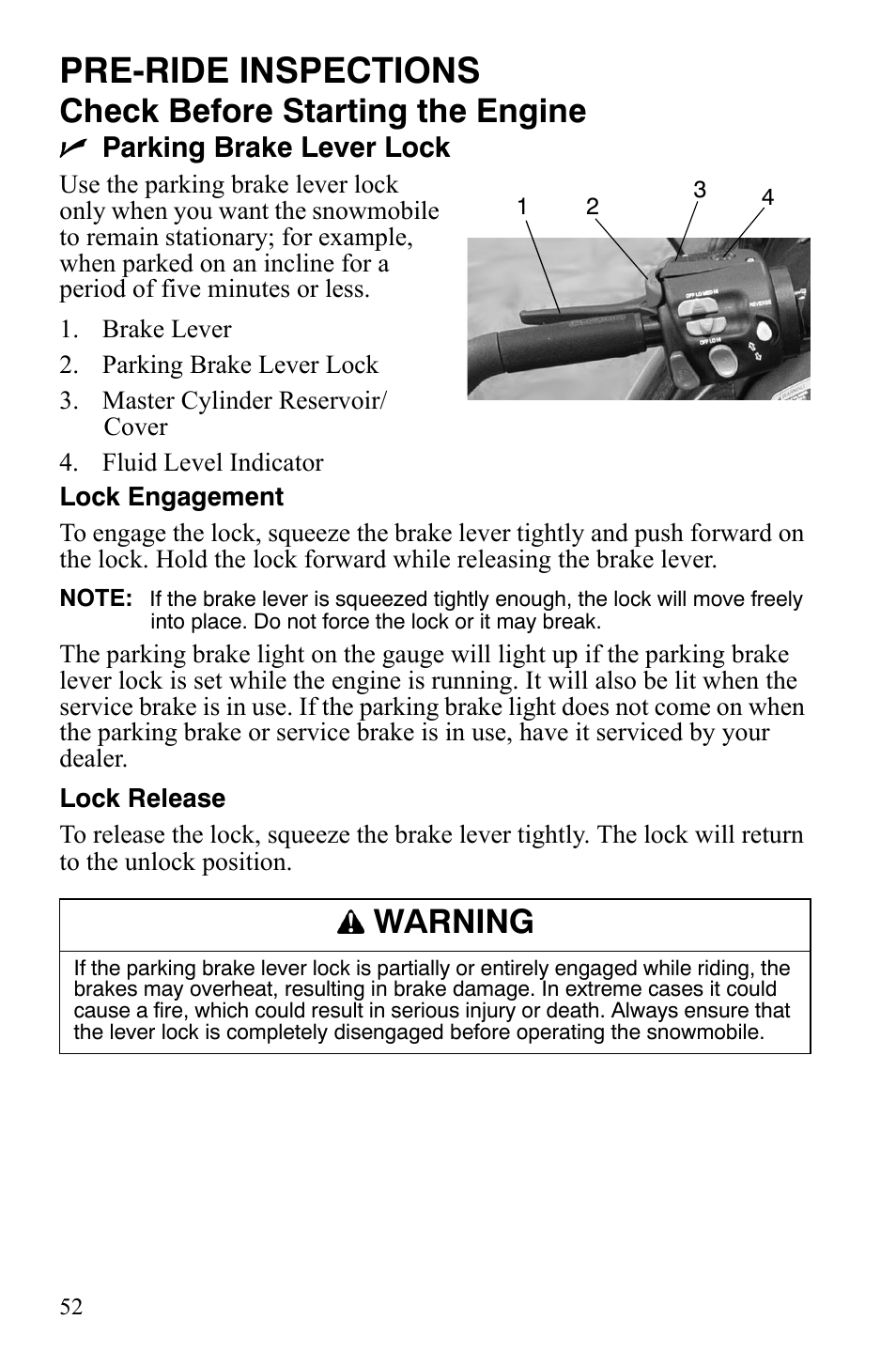 Pre-ride inspections, Check before starting the engine, Warning | Polaris 600 HO RMK 155 User Manual | Page 55 / 135