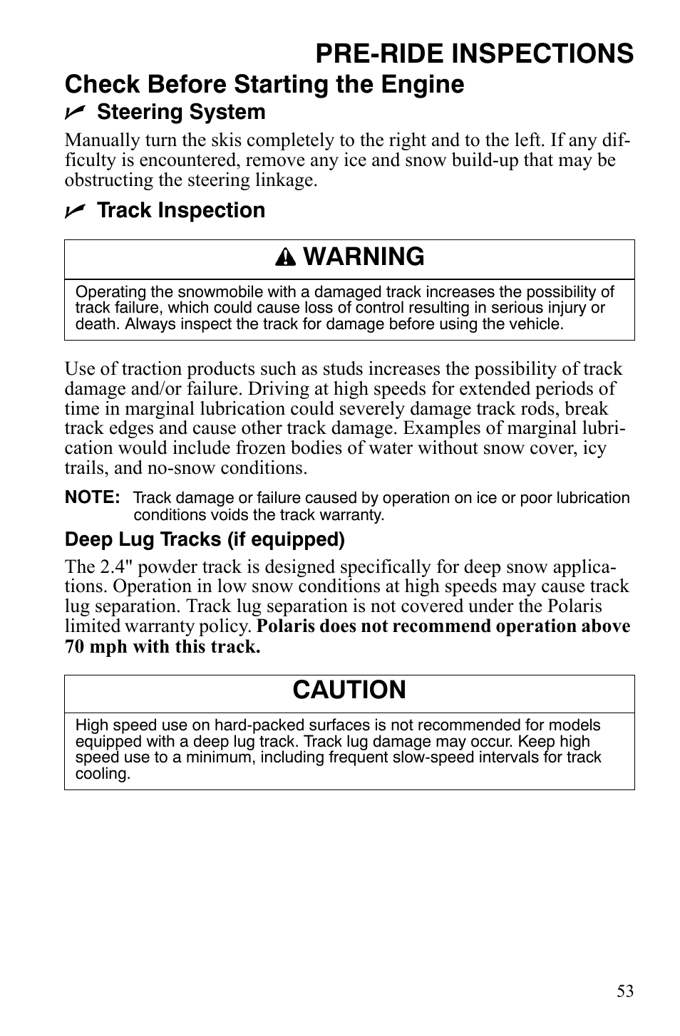 Pre-ride inspections, Check before starting the engine, Warning | Caution | Polaris 600 HO RMK 155 User Manual | Page 56 / 135