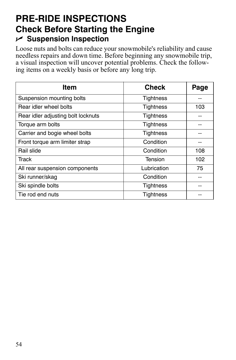 Pre-ride inspections, Check before starting the engine, Nsuspension inspection | Polaris 600 HO RMK 155 User Manual | Page 57 / 135