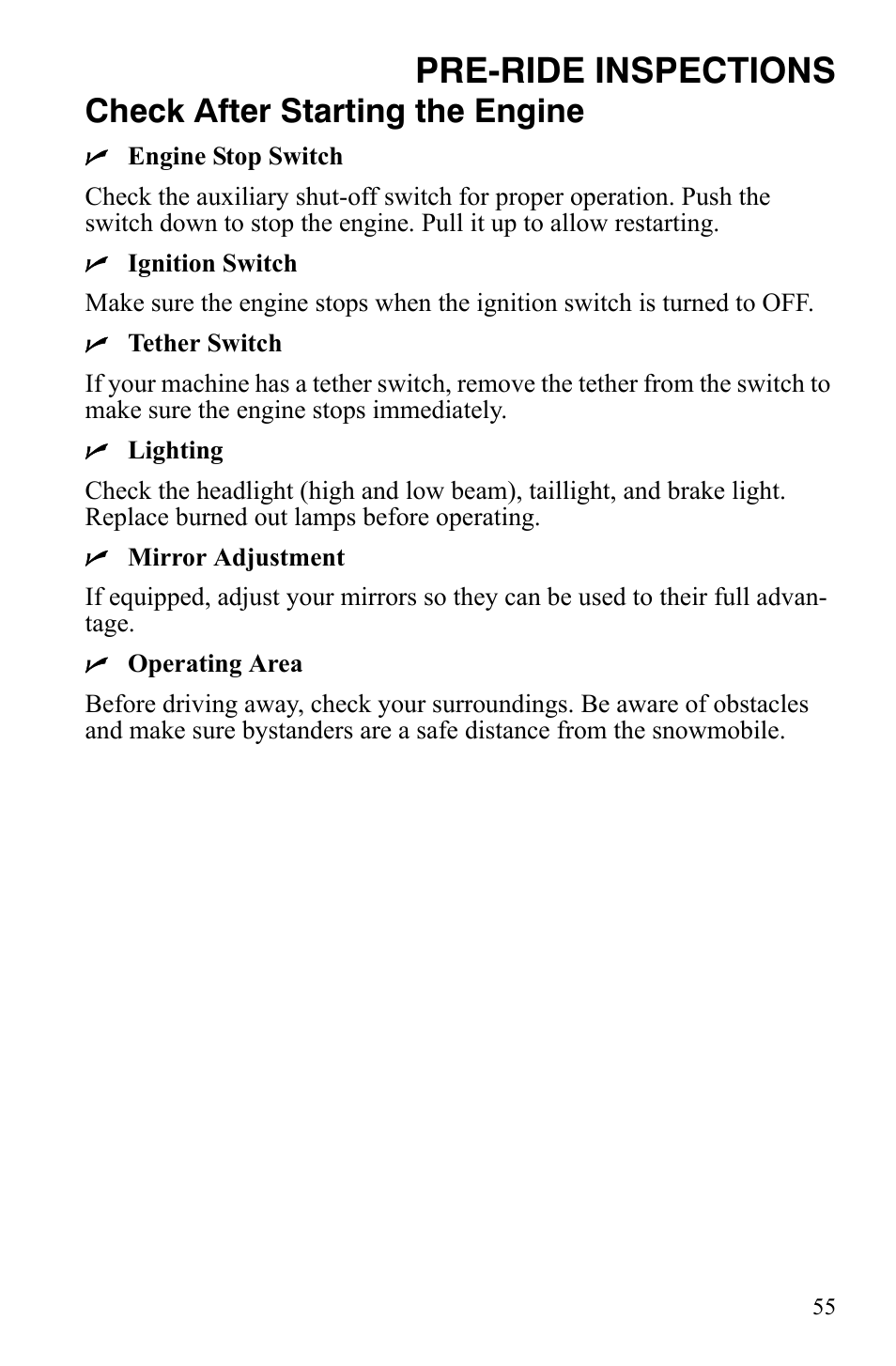 Pre-ride inspections, Check after starting the engine | Polaris 600 HO RMK 155 User Manual | Page 58 / 135