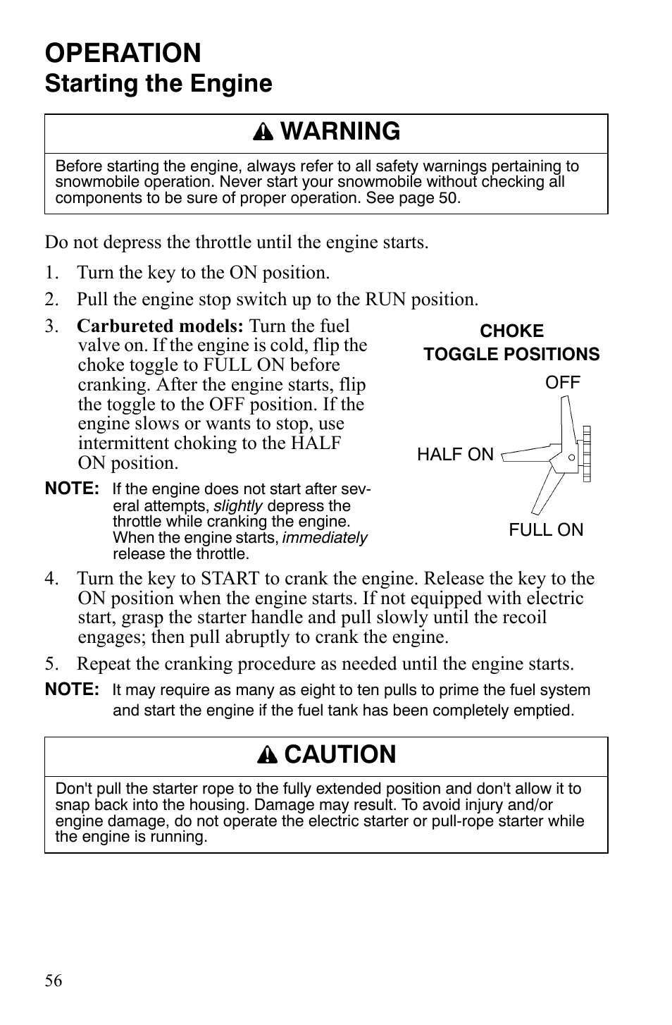 Operation, Starting the engine, Warning | Caution | Polaris 600 HO RMK 155 User Manual | Page 59 / 135