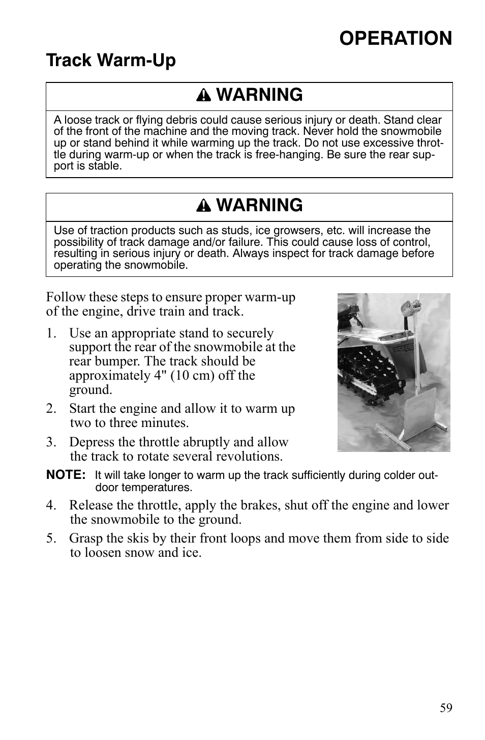 Operation, Track warm-up, Warning | Polaris 600 HO RMK 155 User Manual | Page 62 / 135