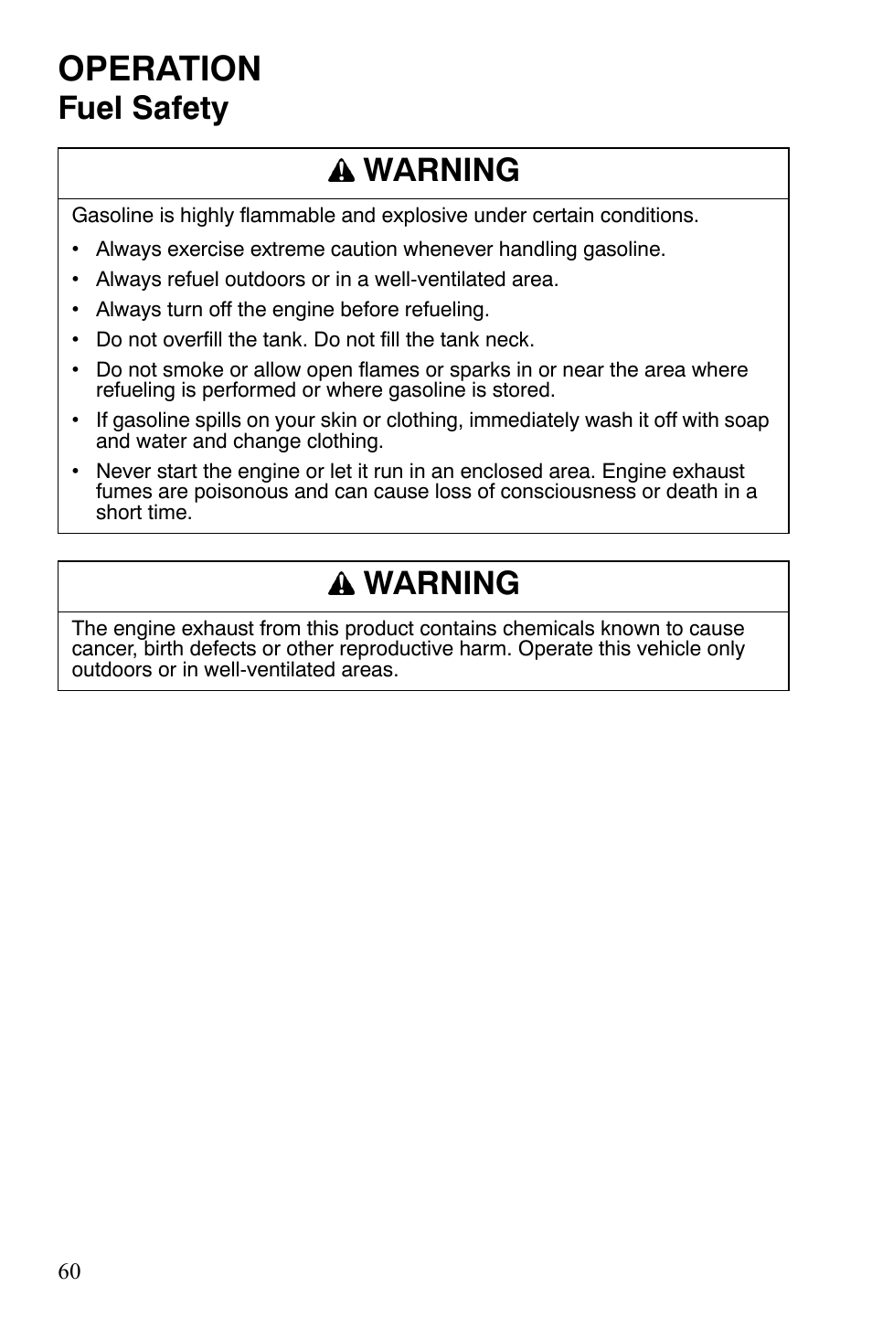 Operation, Fuel safety warning, Warning | Polaris 600 HO RMK 155 User Manual | Page 63 / 135