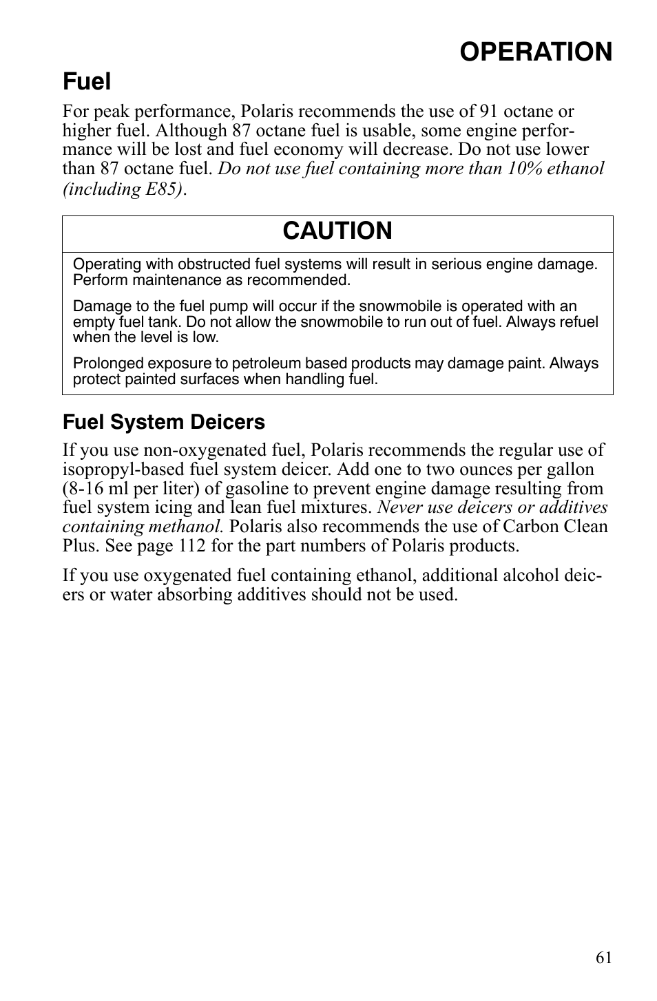 Operation, Fuel, Caution | Polaris 600 HO RMK 155 User Manual | Page 64 / 135